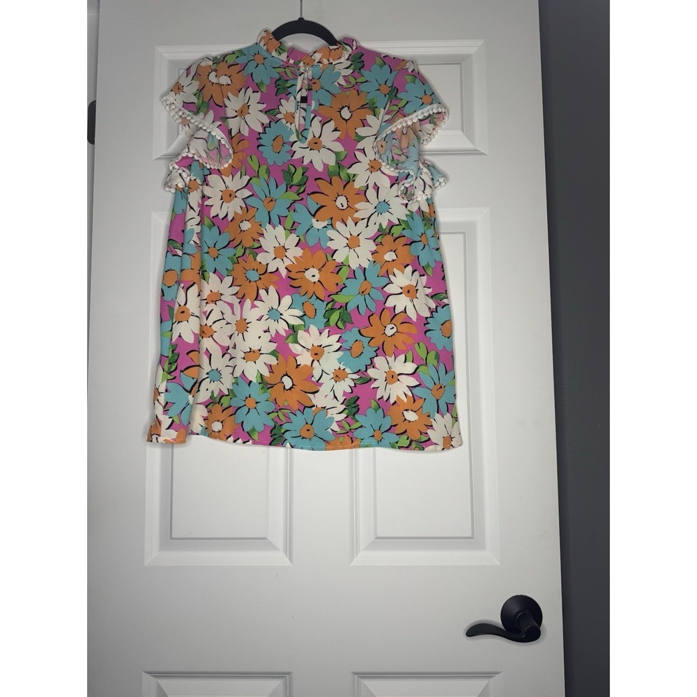 Lovely Melody Flutter Sleeve Mock Neck Blouse Xl Orange Green Pink Multi Floral - Picture 2 of 2